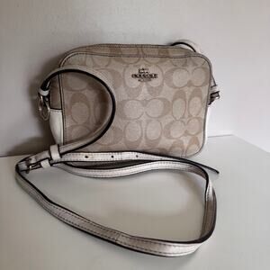 Coach Tan Cream Signature C Logo Camera Bag Rectangle Crossbody Purse
